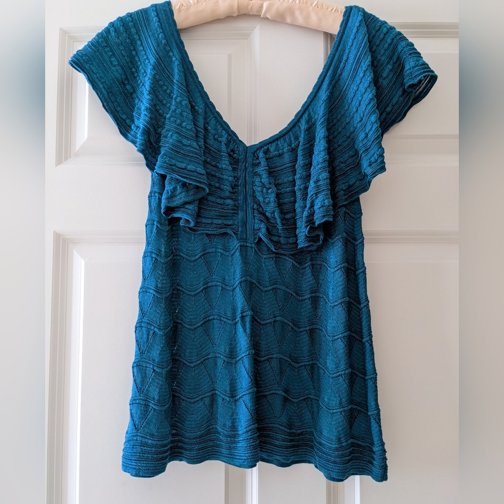 M Missoni Pointelle top teal sheer Textured Chevron 40 Feminine Flutter …